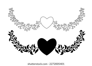 Branch, border black contour, wreath or border, elegant decoration in doodle style isolated on white background. 