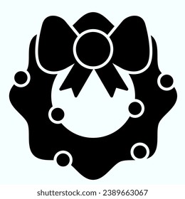 Branch with bow solid icon. Fir-tree wreath decoration with ribbon on main bdoor. Christmas vector design concept, glyph style pictogram on white background, use for web and app. Eps 10