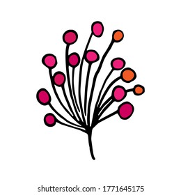 Branch with a bunch of red berries on a white background. Linear vector hand drawing. Doodle style decorative element for the design of postcards, invitations, prints, textiles, wrappers, packaging.