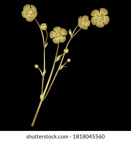 Branch of buttercup flower. Ranunculus plant. Golden silhouette on black background. Wildflower motif.