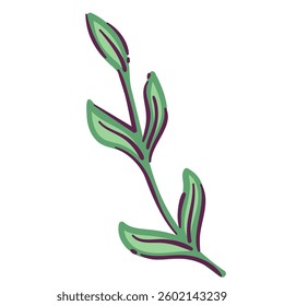 Branch of cartoon plant with green leaves. Funny summer and spring leaf on stem of natural herbs, tree sprout, fresh wild greenery. Nature mascot, cartoon cute organic plant growth vector illustration