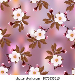 Branch of a cherry blossom floral pattern on colored abstract background with shade of pink. Sakura flowers seamless texture. Vector