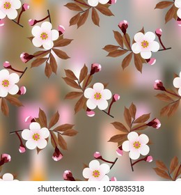 Branch of a cherry blossom floral pattern on colored abstract background. Sakura flowers seamless texture. Vector
