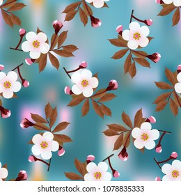 Branch of a cherry blossom floral pattern on dark blue abstract background. Sakura flowers seamless texture. Vector