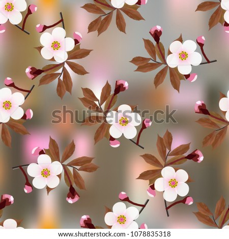 Branch of a cherry blossom floral pattern on colored abstract background. Sakura flowers seamless texture. Vector