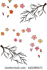 Branch of cherry blossom on white isolated background.Sakura flower vector for printing on backdrops.Peach blossom illustration for tattoo style. 