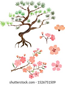 Branch of Cherry blossom on white.Vector illustration Sakura Flower,Nice Peach blossom isolated vector.Japanese floral.Chinese Pine tree.Symbol of Japan.
