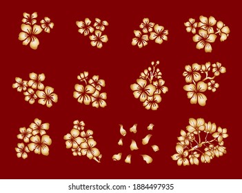 Branch of Cherry blossom on white.Vector illustration Sakura Flower,Nice Peach blossom isolated vector.Japanese floral.Nature background with blossom branch of sakura flower vector.Gold line apricot.