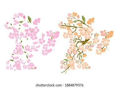 Branch of Cherry blossom on white.Vector illustration Sakura Flower,Nice Peach blossom isolated vector.Japanese floral.