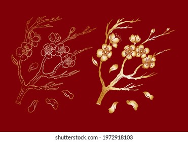 Branch of Cherry blossom on white.Vector illustration Sakura Flower,Nice Peach blossom isolated vector.Japanese floral.