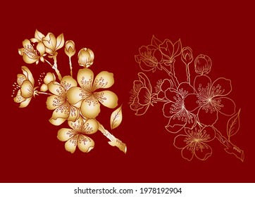 Branch of Cherry blossom on white.Vector illustration Sakura Flower,Nice Peach blossom isolated vector.Japanese floral.
