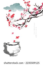  Branch of cherry blossom pattern with cloud and tea cup element.Japanese background with watercolor texture.Oriental natural pattern with chinese painting brush stoke banner design in vintage style. 