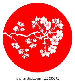 Branch of cherry blossom in red  japanese flag background