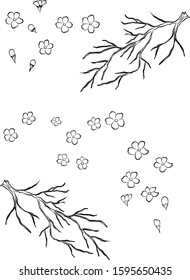 Branch of cherry blossom for tattoo design on isolated white background.Sakura flower vector for printing on background.Peach blossom branch for doodle art on white isolated.