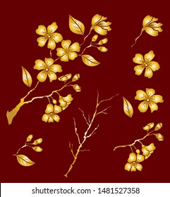 Branch of cherry blossom for tattoo and sticker on isolated background.Nature background with blossom branch of sakura.Peach vector on white.Traditional symbol of spring in japan.graphic cherry flower