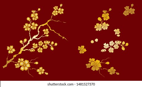 Branch of cherry blossom for tattoo and sticker on isolated background.Nature background with blossom branch of sakura.Peach vector on white.