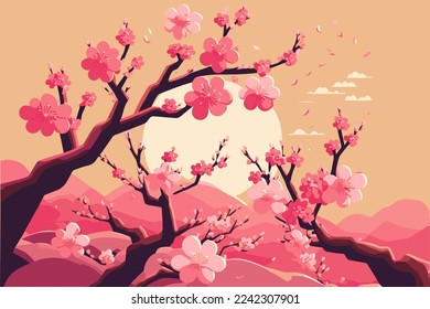 branch cherry blossoming flower tree, Sakura japan spring flowers background in vector flat color illustration