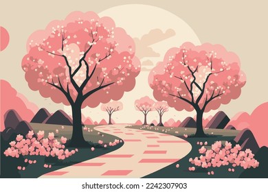 branch cherry blossoming flower tree, Sakura japan spring flowers background in vector flat color illustration