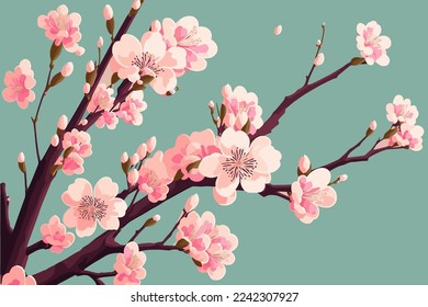 branch cherry blossoming flower tree, Sakura japan spring flowers background in vector flat color illustration