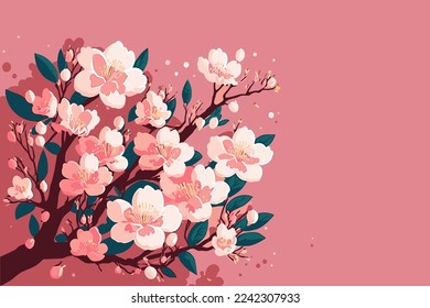 branch cherry blossoming flower tree, Sakura japan spring flowers background in vector flat color illustration