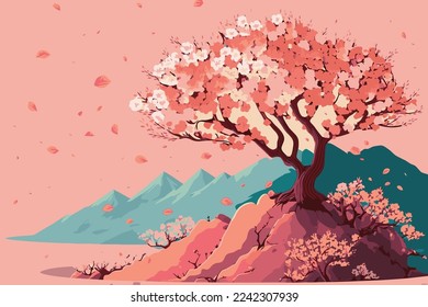 branch cherry blossoming flower tree, Sakura japan spring flowers background in vector flat color illustration