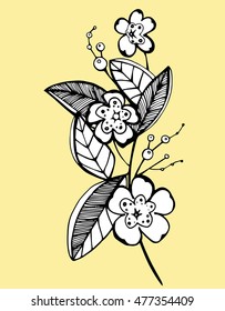 A branch of cherry blossoms. Abstract flower. A branch of a blossoming tree. Line art. Spring. Drawing by hand. Doodle. Tattoo.