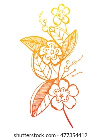 A branch of cherry blossoms. Abstract flower. A branch of a blossoming tree. Line art. Spring. Drawing by hand. Doodle. Tattoo.