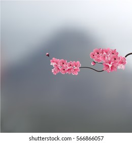 A branch of cherry blossoms against a background of mountains. Landscape. Raster illustration