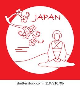 Branch of cherry blossoms and asian woman. Japan traditional design elements. Travel and leisure.