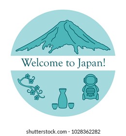 Branch of cherry blossoms, mount Fuji, robot, sake. Set of Japan traditional design elements.
