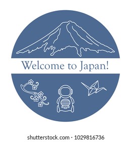 Branch of cherry blossoms, mount Fuji, robot, origami crane. Set of Japan traditional design elements.