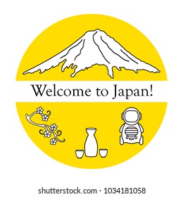 Branch of cherry blossoms, mount Fuji, robot, sake. Set of Japan traditional design elements.
