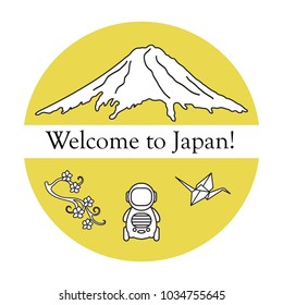 Branch of cherry blossoms, mount Fuji, robot, origami crane. Set of Japan traditional design elements.
