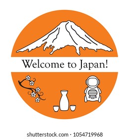 Branch of cherry blossoms, mount Fuji, robot, sake. Set of Japan traditional design elements.