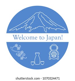 Branch of cherry blossoms, mount Fuji, robot, sake. Set of Japan traditional design elements.