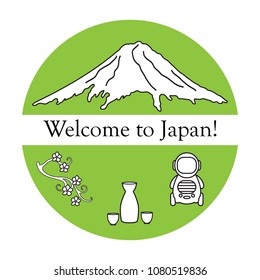 Branch of cherry blossoms, mount Fuji, robot, sake. Set of Japan traditional design elements.