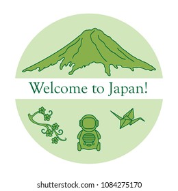 Branch of cherry blossoms, mount Fuji, robot, origami crane. Set of Japan traditional design elements.