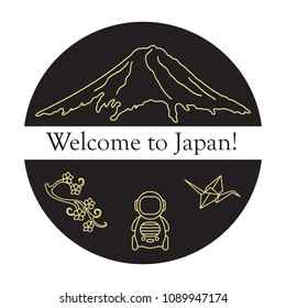 Branch of cherry blossoms, mount Fuji, robot, origami crane. Set of Japan traditional design elements.