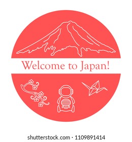 Branch of cherry blossoms, mount Fuji, robot, origami crane. Set of Japan traditional design elements.