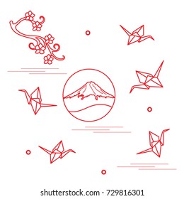 Branch of cherry blossoms, mount Fuji and origami paper cranes. Set of Japan traditional design elements.