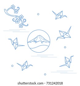 Branch of cherry blossoms, mount Fuji and origami paper cranes. Set of Japan traditional design elements.