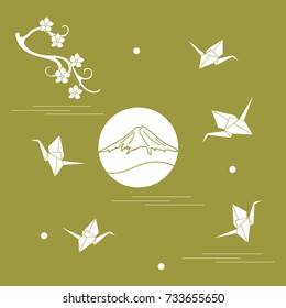 Branch of cherry blossoms, mount Fuji and origami paper cranes. Set of Japan traditional design elements.