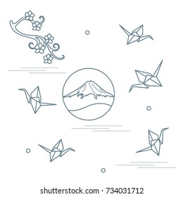 Branch of cherry blossoms, mount Fuji and origami paper cranes. Set of Japan traditional design elements.