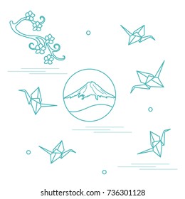 Branch of cherry blossoms, mount Fuji and origami paper cranes. Set of Japan traditional design elements.