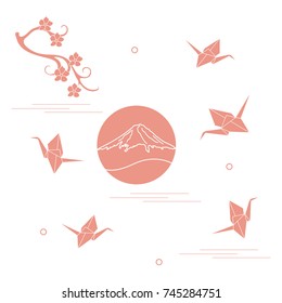 Branch of cherry blossoms, mount Fuji and origami paper cranes. Set of Japan traditional design elements.