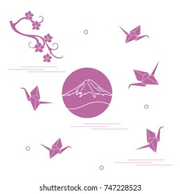 Branch of cherry blossoms, mount Fuji and origami paper cranes. Set of Japan traditional design elements.