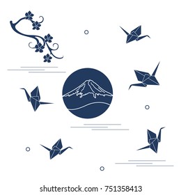 Branch of cherry blossoms, mount Fuji and origami paper cranes. Set of Japan traditional design elements.