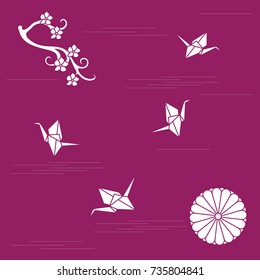Branch of cherry blossoms, sixteen petal chrysanthemum and origami paper cranes. Set of Japan traditional design elements.
