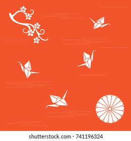 Branch of cherry blossoms, sixteen petal chrysanthemum and origami paper cranes. Set of Japan traditional design elements.