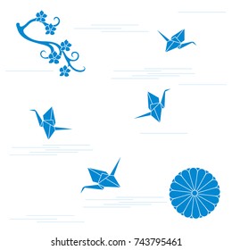 Branch of cherry blossoms, sixteen petal chrysanthemum and origami paper cranes. Set of Japan traditional design elements.